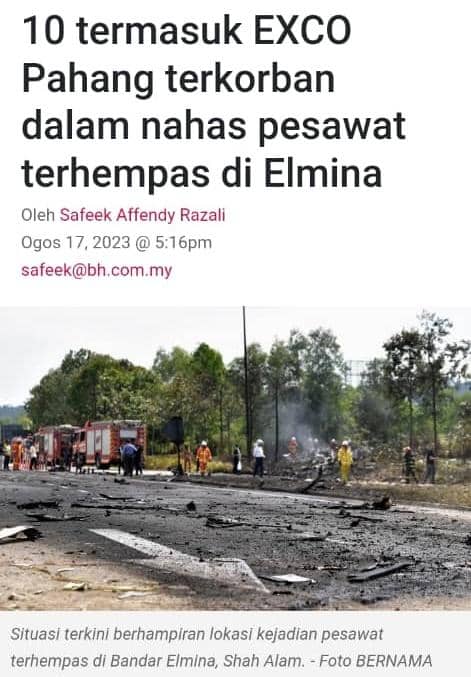 [Video]10 maut termasuk Exco Pahang, pesawat terhempas di Elmina Sg Buloh