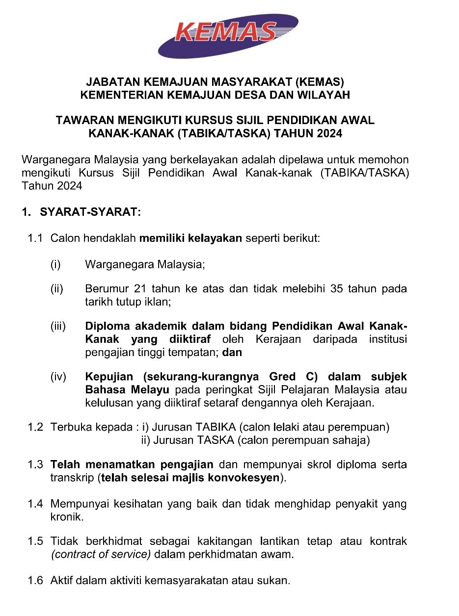 Kursus Sijil Pendidikan Awal Kanak-Kanak (Tabika/Taska) KEMAS 2024